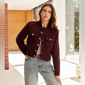 Stand Collar Button Down Jacket in Burgundy M